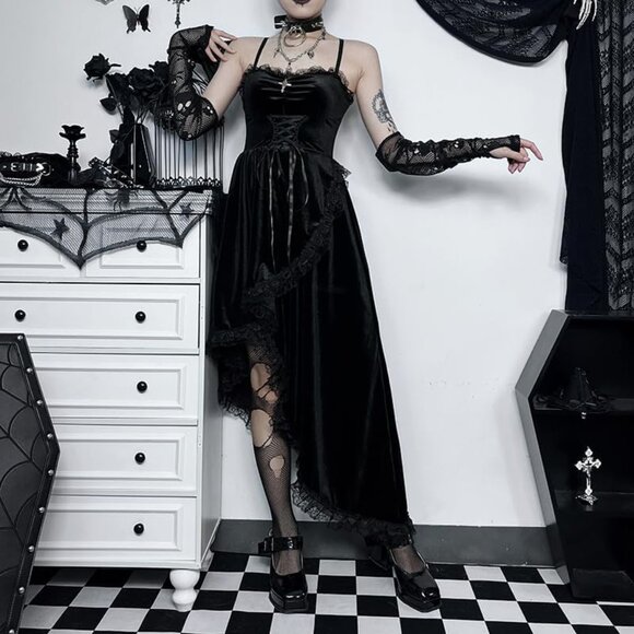 Women's Gothic Sexy Patchwork Velvet Slit Asymmetric Goth Dress - Picture 2 of 7